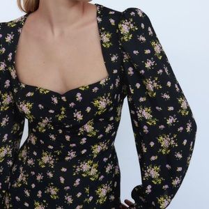 Zara printed mini dress. Multicolored. Small. Black floral. Skater dress. NWT